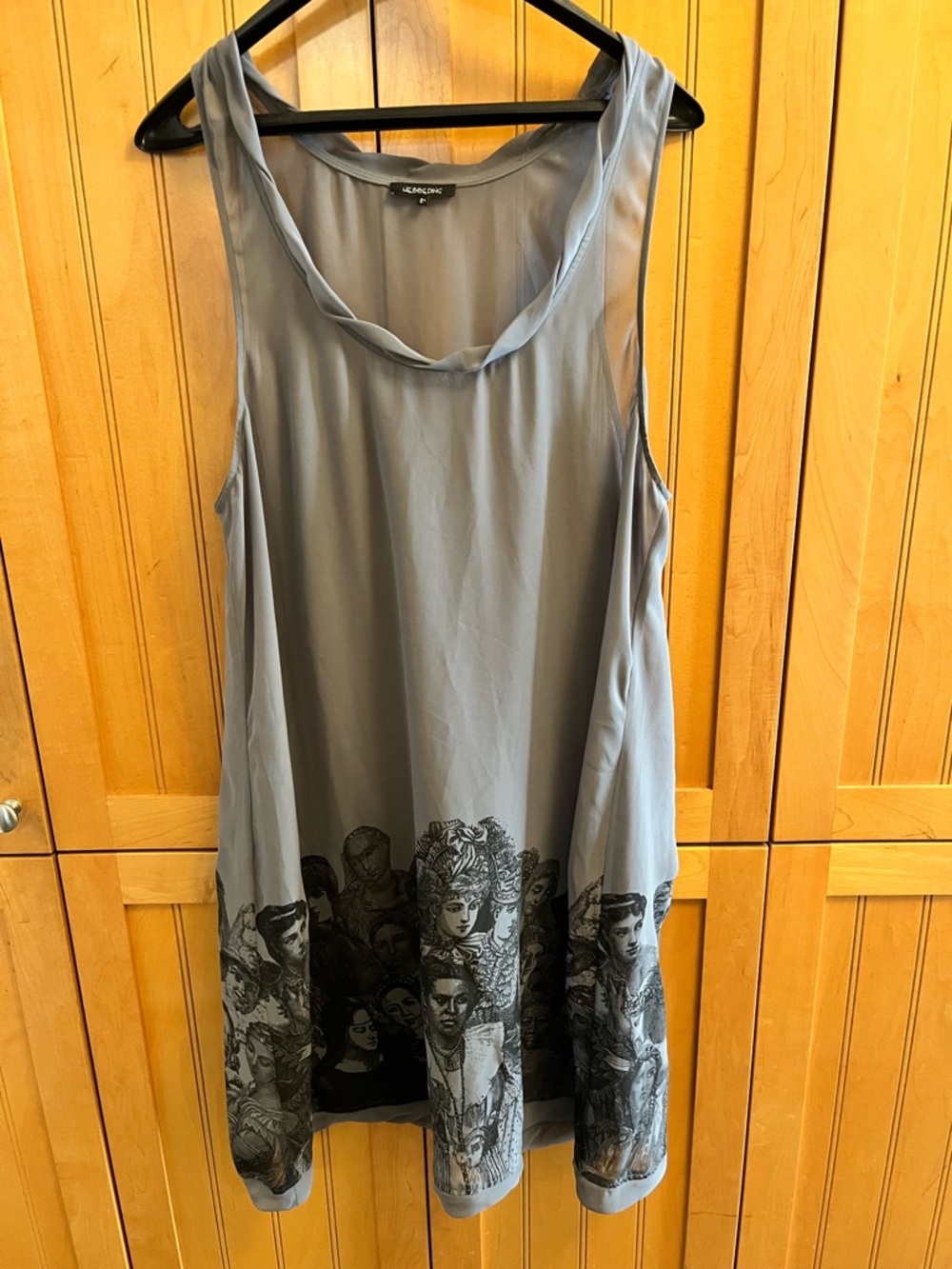 Hebbeding Sheer Taupe Sleeveless Draped Top with Historical Figures